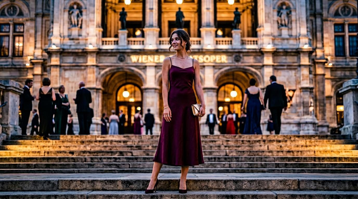 Escort Vienna - Vienna State Opera Gala in Burgundy Evening Dress Escort Vienna - Vienna State Opera Gala in Burgundy Evening Dress