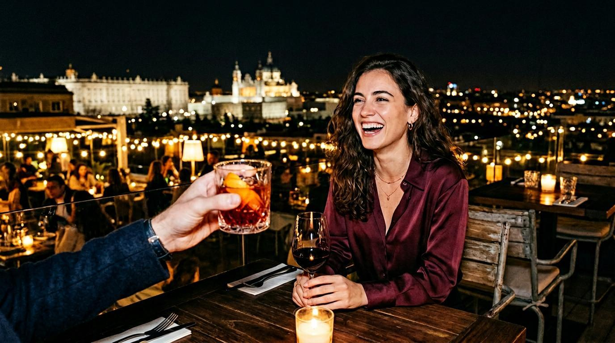 Escort Madrid - Rooftop Bar Date mit Königspalast Blick Escort Madrid - Rooftop Bar Date mit Königspalast Blick